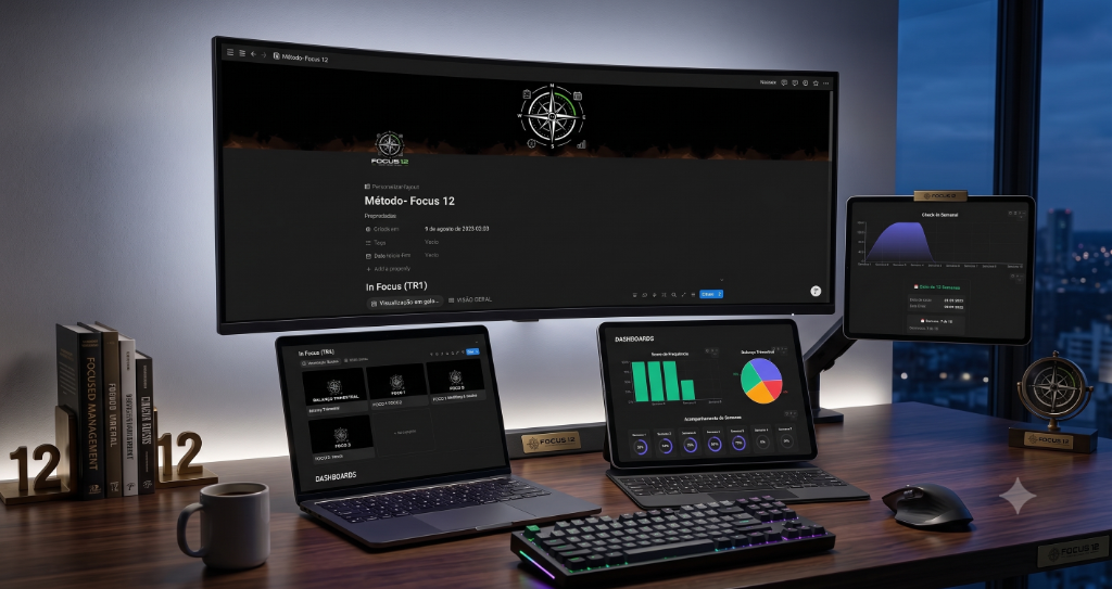 Dashboard Notion: Visão geral da meta trimestral e checklist diário.